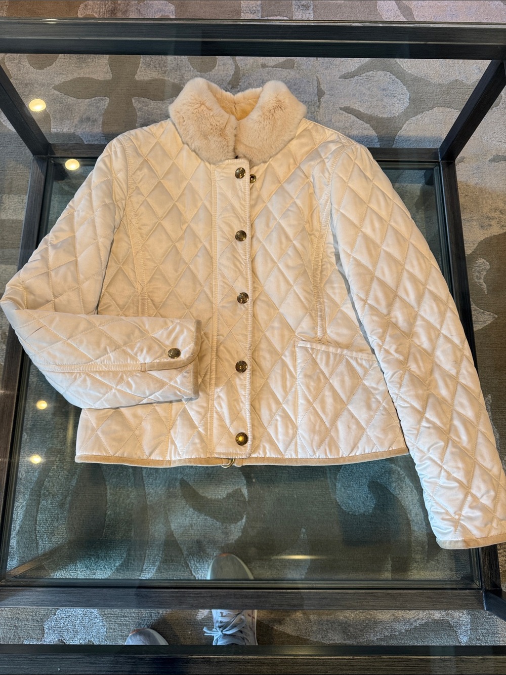 Coach Cream Quilted Puffer Jacket with Fur Collar